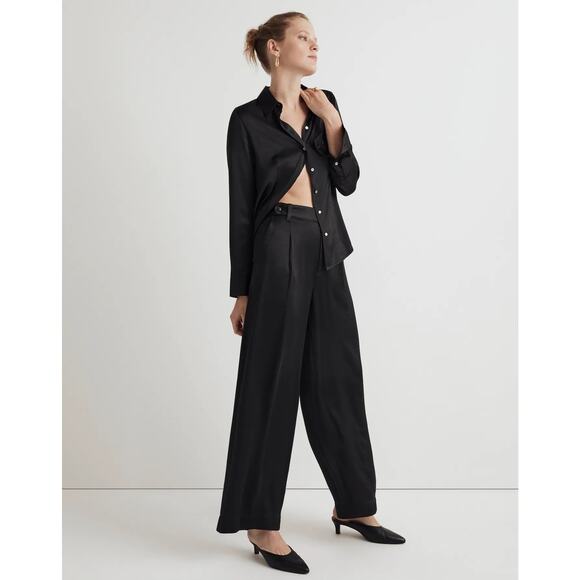 Madewell Women’s 0 Harlow Wide Leg Pant Black Satin High Rise Trouser - Picture 3 of 16